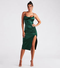 Kristen Formal Satin Cowl Neck Midi Dress