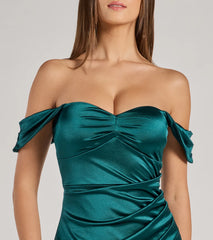 Gaia Satin Off-The-Shoulder Wrap Midi Dress