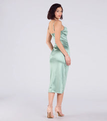 Kiley Cowl Neck Wrap Satin Midi Formal Dress