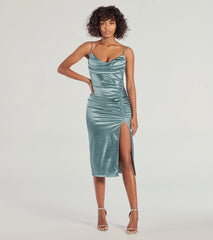 Kristen Formal Satin Cowl Neck Midi Dress