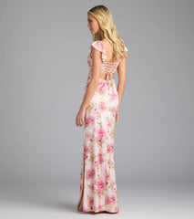 Alena Floral Satin Ruffle Sleeve Column Dress