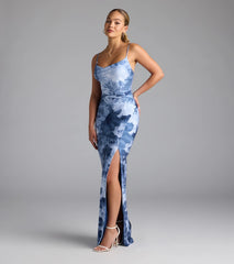 Isa Floral Cowl Neck Slit Formal Dress
