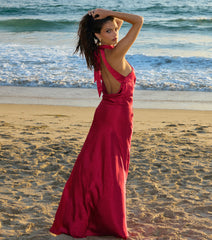 Andie Halter Open Back Slit Satin Formal Dress