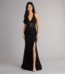 Cadie Halter Corset Slit Lace Formal Dress