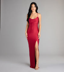 Natalie Cowl Neck Lace-Up Slit Column Dress