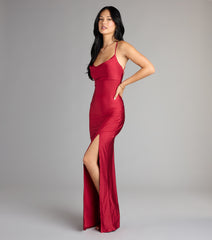 Natalie Cowl Neck Lace-Up Slit Column Dress