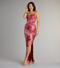 Isa Floral Cowl Neck Slit Formal Dress