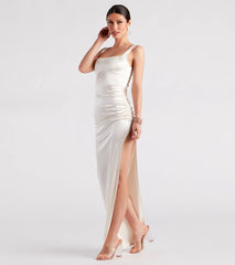 Lia Ruched Satin High Slit Formal Dress