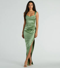 Kirsten Satin Cowl Neck High Slit Formal Dress