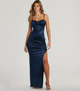Iliana Cowl Neck High Slit Satin Column Dress