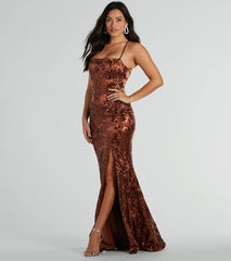 Marisol Lace-Up Column Sequin Satin Formal Dress