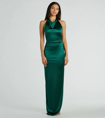 Melina Satin Halter High Slit Column Dress