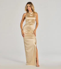 Melina Satin Halter High Slit Column Dress