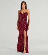 Meara Sequin Velvet Hight Slit Column Dress