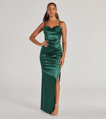 Iliana Cowl Neck High Slit Satin Column Dress