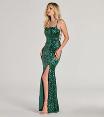 Marisol Lace-Up Column Sequin Satin Formal Dress