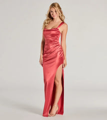 Kirsten Satin Cowl Neck High Slit Formal Dress