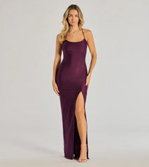 Natalie Cowl Neck Lace-Up Slit Column Dress