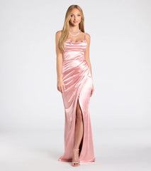 Michelle Applique Trim Wrap Satin Formal Dress