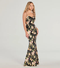 Drea Floral Velvet Burnout Lace-Up Mermaid Dress