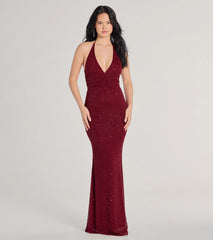 Blake Halter V-Neck Beaded Column Formal Dress
