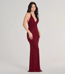 Blake Halter V-Neck Beaded Column Formal Dress
