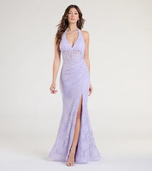 Cadie Halter Corset Slit Lace Formal Dress