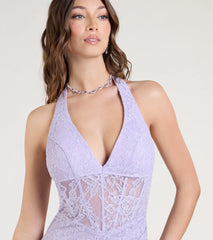 Cadie Halter Corset Slit Lace Formal Dress