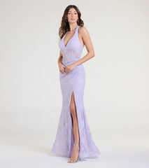 Cadie Halter Corset Slit Lace Formal Dress