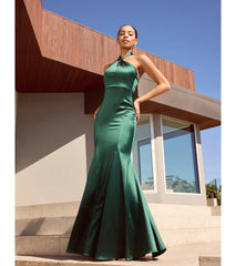 Hallie Satin Sleeveless Halter Mermaid Dress