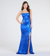 Marisol Lace-Up Column Sequin Satin Formal Dress