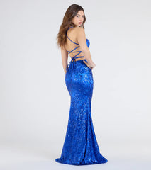 Marisol Lace-Up Column Sequin Satin Formal Dress