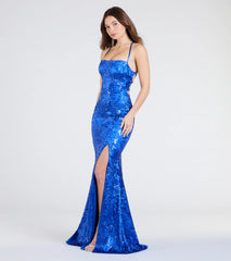 Marisol Lace-Up Column Sequin Satin Formal Dress