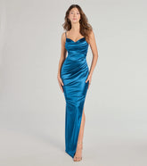 Jane Cowl Neck Slit Satin Formal Column Dress