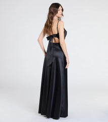 Steffanie Tie-Back Slit A-Line Satin Formal Dress