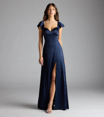 Olessa Short Sleeve A-Line Slit Satin Formal Dress