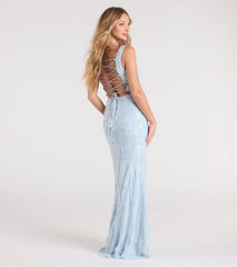 Taylor Lace-Up Slit Sequin Formal Dress