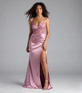 Tatianna Lace-Up Applique Slit Satin Formal Dress