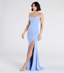 Madison Cowl Neck Slit Glitter Formal Dress