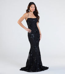 Gabi Lace-Up Floral Trim Mermaid Formal Dress