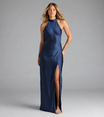 Andie Halter Open Back Slit Satin Formal Dress