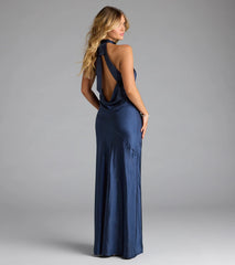 Andie Halter Open Back Slit Satin Formal Dress