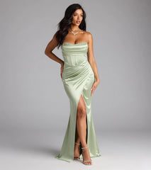 Loren Pearl Corset Slit Satin Formal Dress
