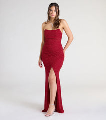 Perry Glitter Knit Wrap Slit Mermaid Dress