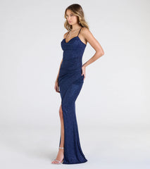 Johanna Cowl Neck Slit Glitter Formal Dress