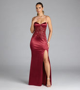 Felicia Beaded Sequin Slit Satin Formal Dress