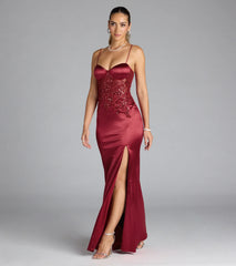 Felicia Beaded Sequin Slit Satin Formal Dress