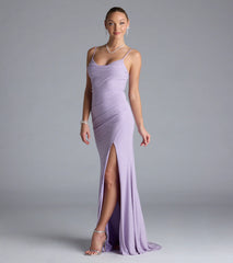 Madison Cowl Neck Slit Glitter Formal Dress