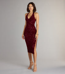 Refined Charm Flocked Velvet Halter Midi Dress