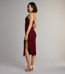 Refined Charm Flocked Velvet Halter Midi Dress